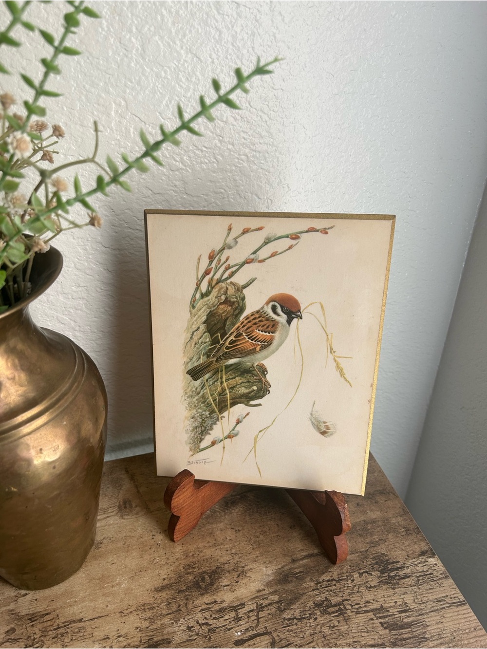 Vintage Bird Print on Wood with Sparrow Illustration - Cream & Brown
